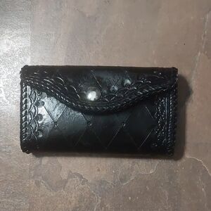 Classic Black Leather Women's /Men Wallet - Braided Trim